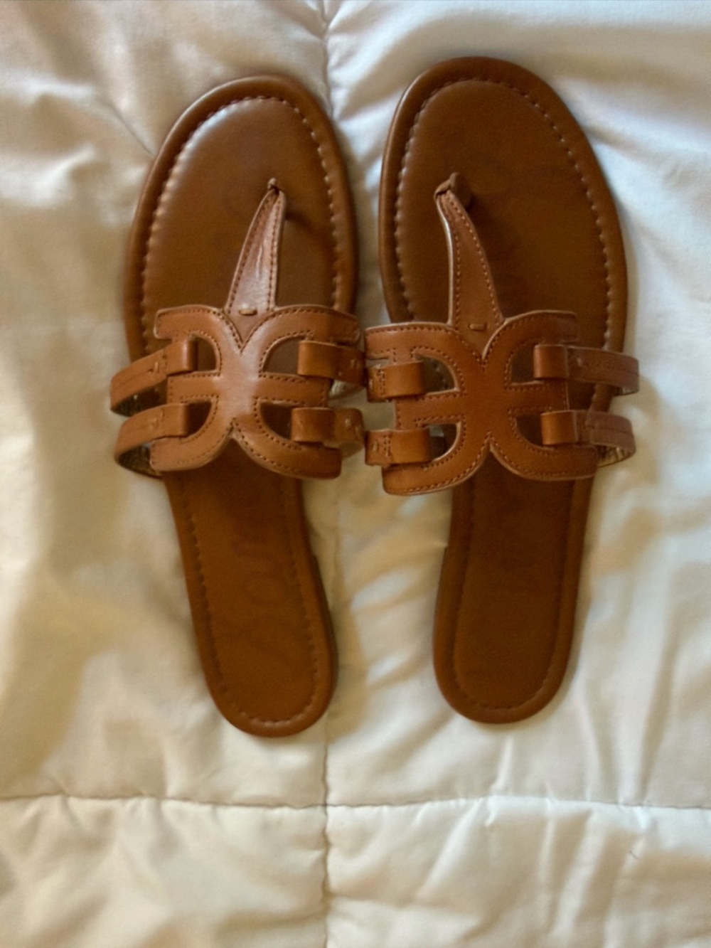Women’s Cognac Tan Slide Sandals with Decorative Cutout Strap